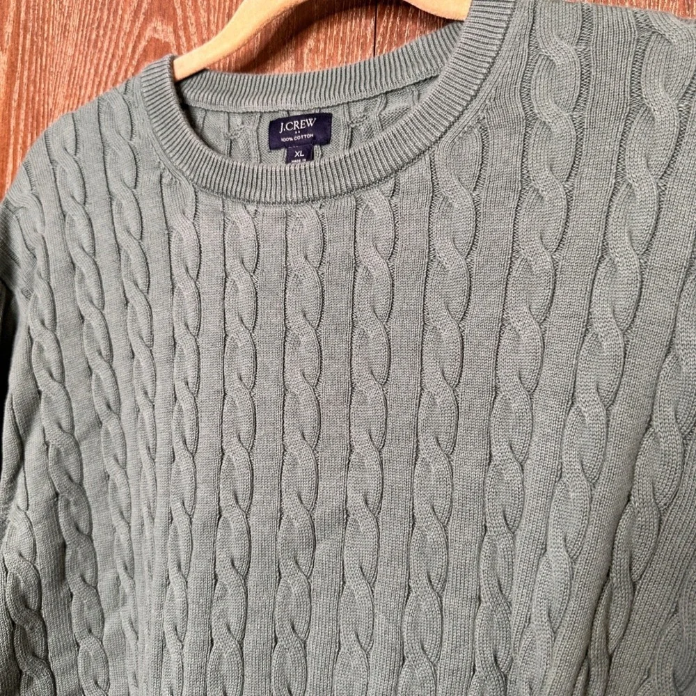 J.Crew‎ Preppy Cable Knit Mens XL Sage Green Cotton Crewneck Sweater Old Money